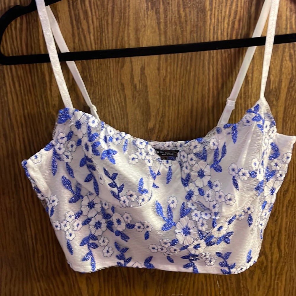 White and Blue Floral Cropped Tank Top
